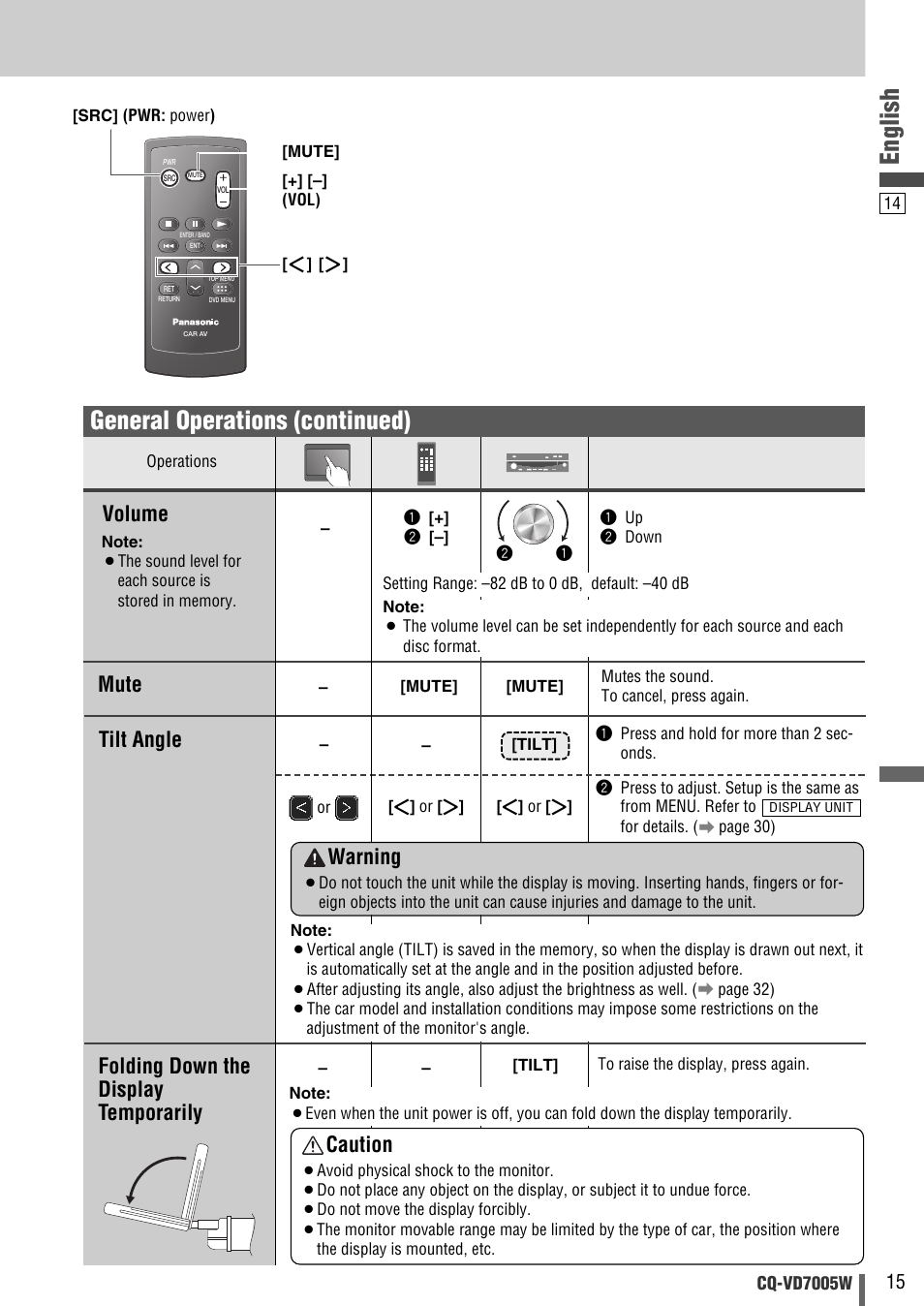 English, General operations (continued), Volume | Tilt angle folding down the display temporarily, Mute, Caution, Warning | Panasonic CQ-VA7005W User Manual | Page 15 / 94