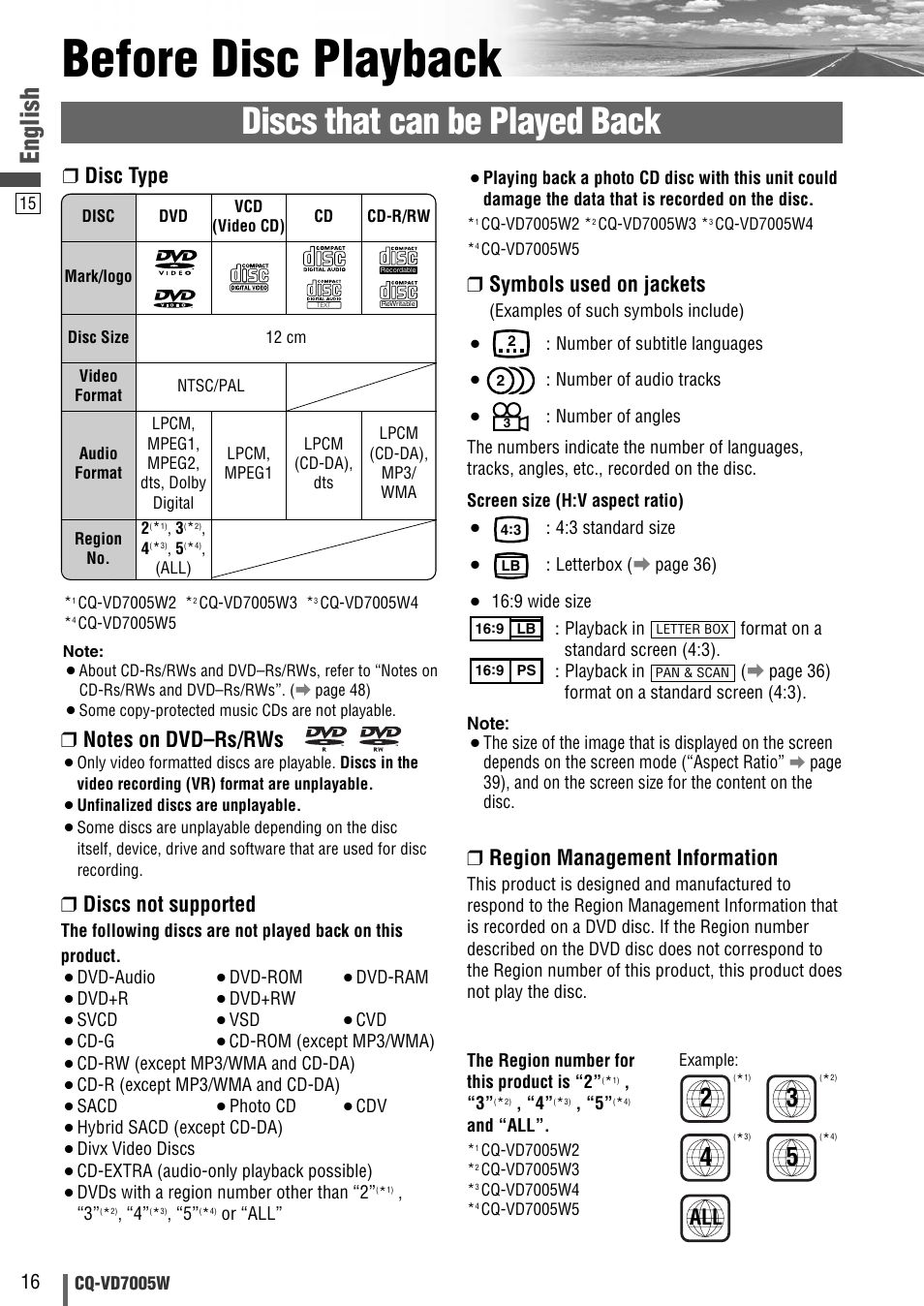 Before disc playback, Discs that can be played back, English | Symbols used on jackets, Region management information, Disc type, Discs not supported | Panasonic CQ-VA7005W User Manual | Page 16 / 94