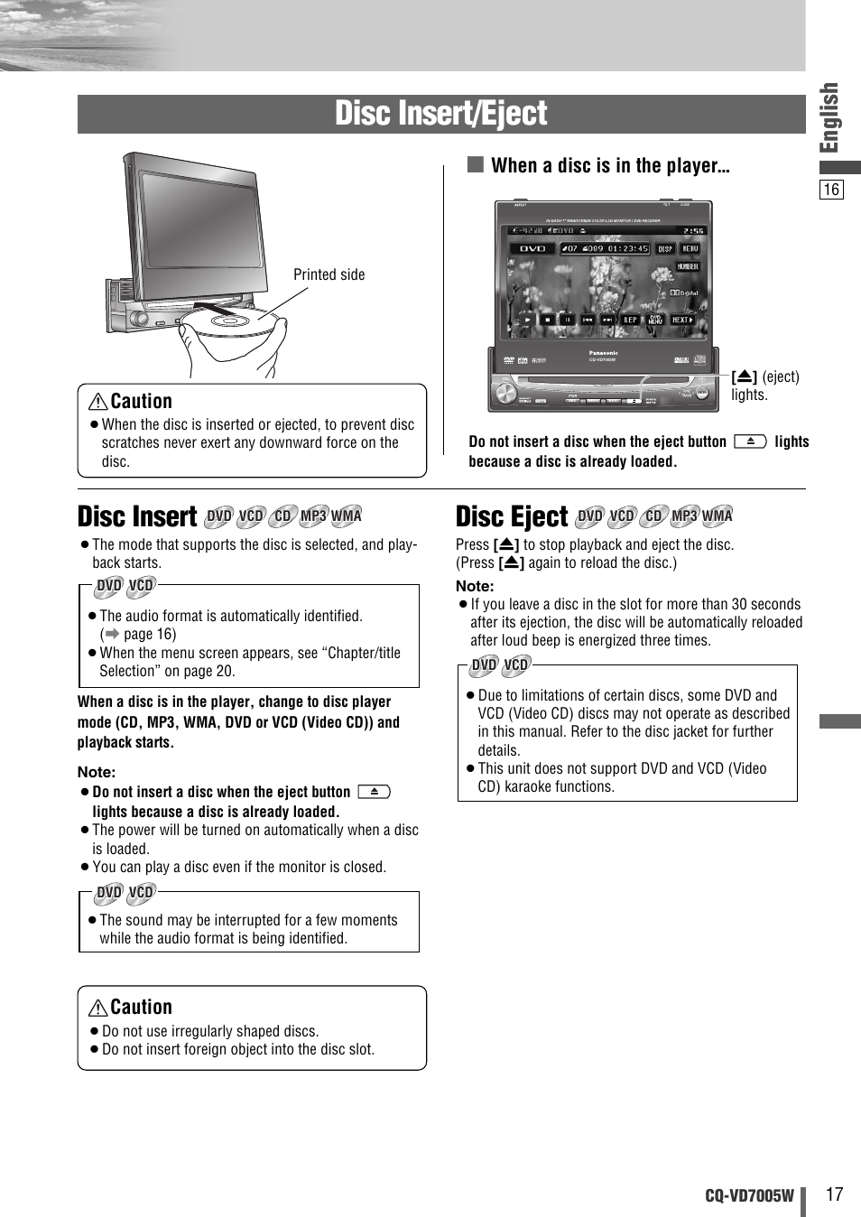 Disc insert/eject, Disc insert, Disc eject | English, When a disc is in the player, Caution, Cq-vd7005w | Panasonic CQ-VA7005W User Manual | Page 17 / 94