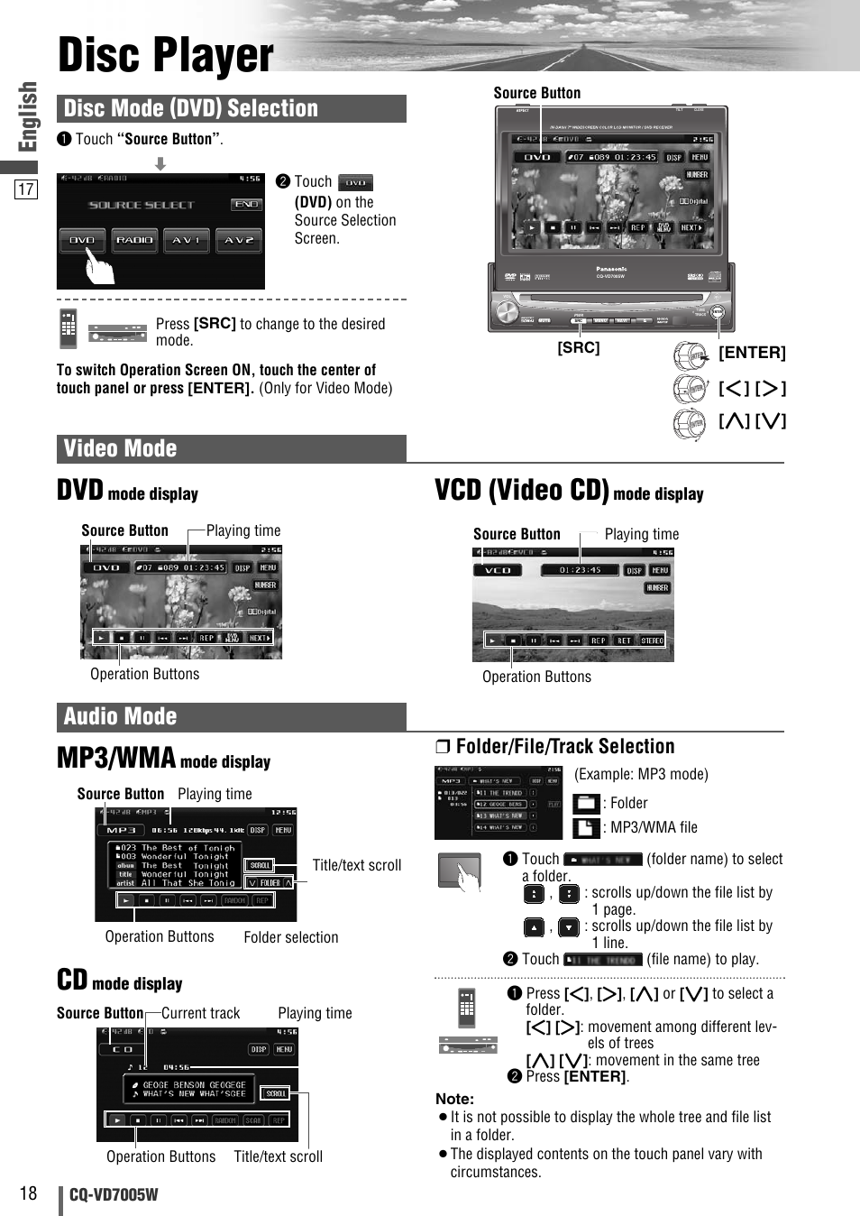 Disc player, Mp3/wma, Vcd (video cd) | English, Video mode, Audio mode, Disc mode (dvd) selection, Folder/file/track selection | Panasonic CQ-VA7005W User Manual | Page 18 / 94
