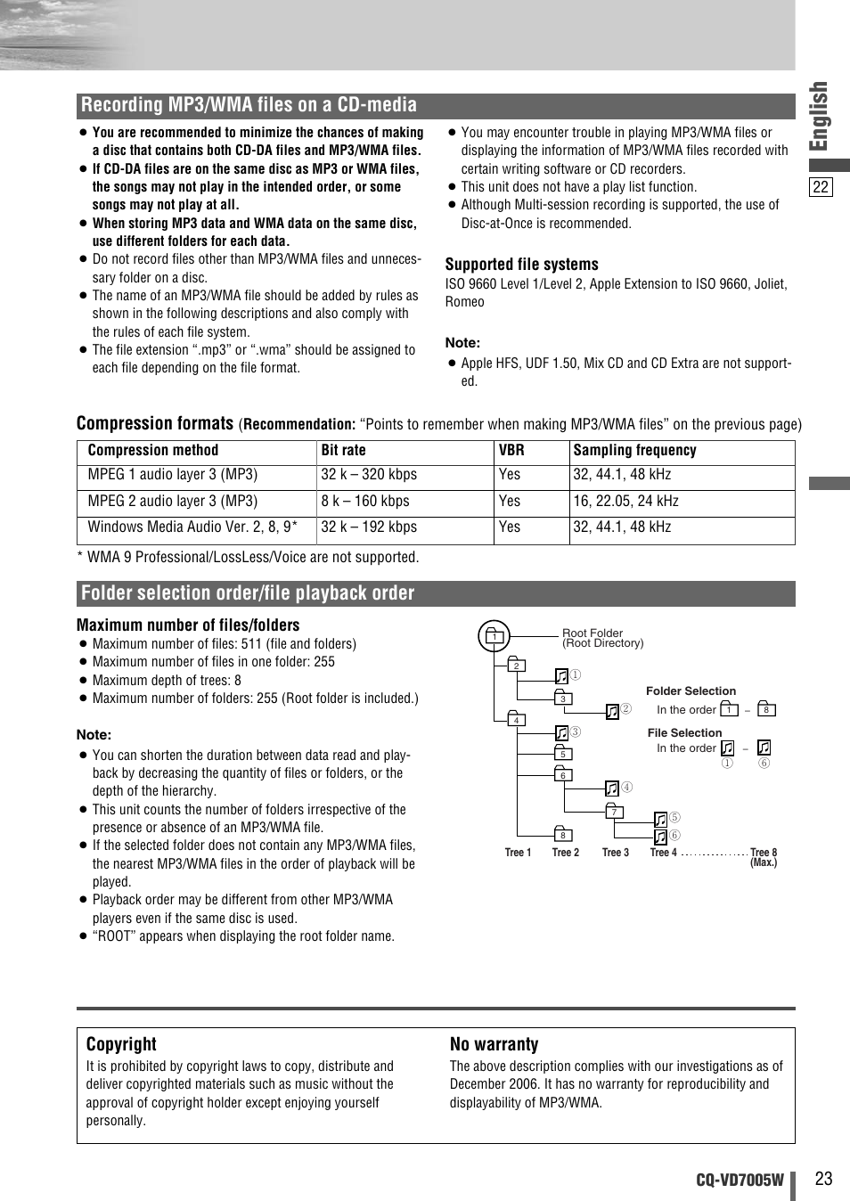 English, Recording mp3/wma files on a cd-media, Compression formats | Copyright, No warranty | Panasonic CQ-VA7005W User Manual | Page 23 / 94