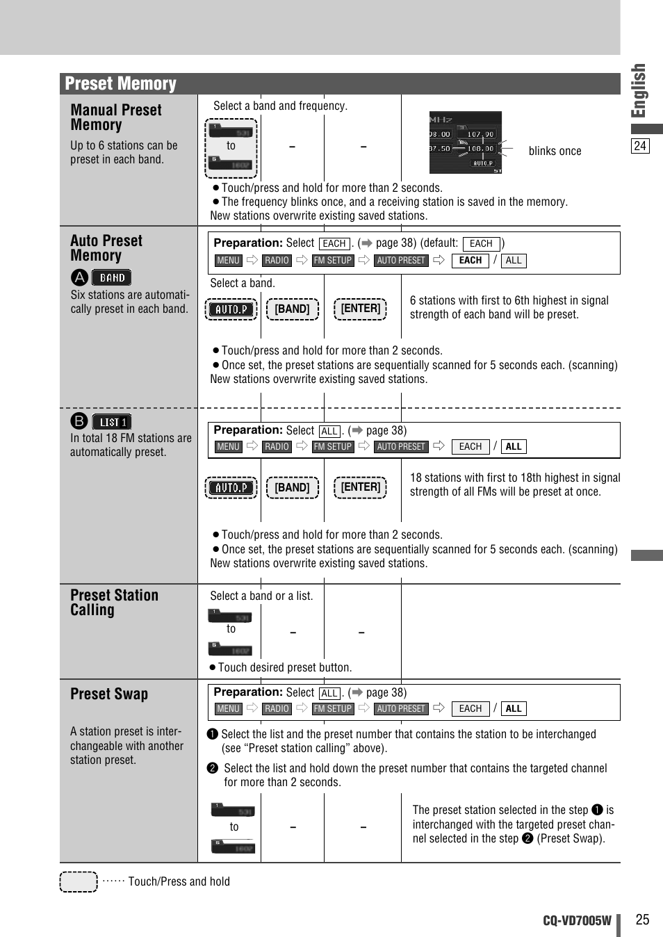 English, Preset station calling, Preset swap | Panasonic CQ-VA7005W User Manual | Page 25 / 94