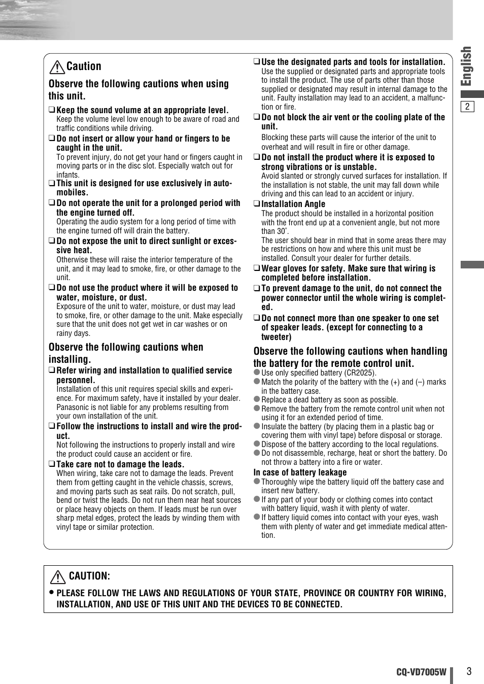 English, Caution | Panasonic CQ-VA7005W User Manual | Page 3 / 94