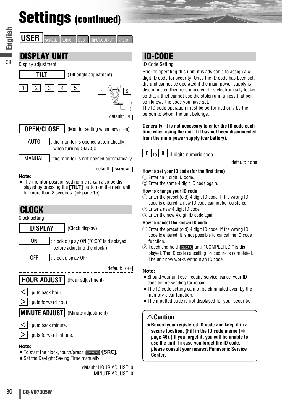 Settings, Continued), Id-code | Display unit, Clock, User, English, Tilt, Open/close, Minute adjust | Panasonic CQ-VA7005W User Manual | Page 30 / 94