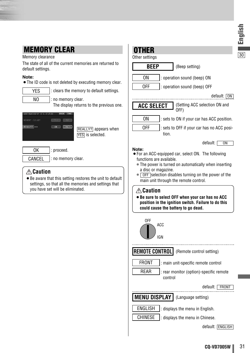 Other, English, Beep | Menu display, Remote control, Acc select caution, Caution | Panasonic CQ-VA7005W User Manual | Page 31 / 94