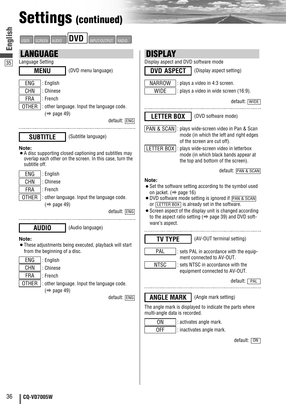 Settings, Continued), Display | Language, English, Dvd aspect, Angle mark, Tv type, Letter box, Menu | Panasonic CQ-VA7005W User Manual | Page 36 / 94