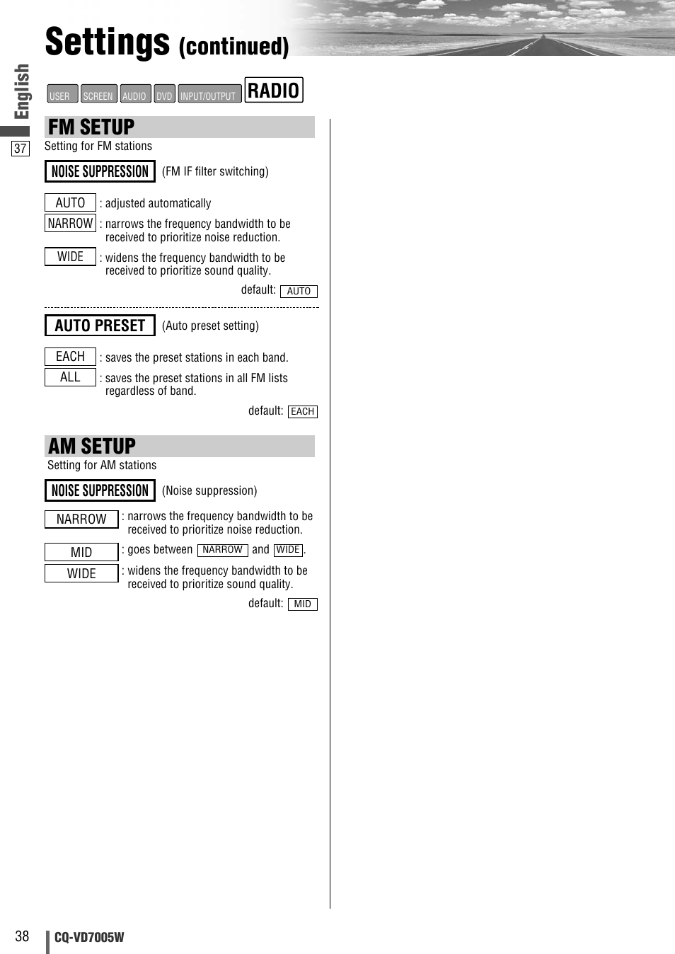 Settings, Continued), Fm setup | Am setup, Radio, English, Noise suppression, Auto preset | Panasonic CQ-VA7005W User Manual | Page 38 / 94