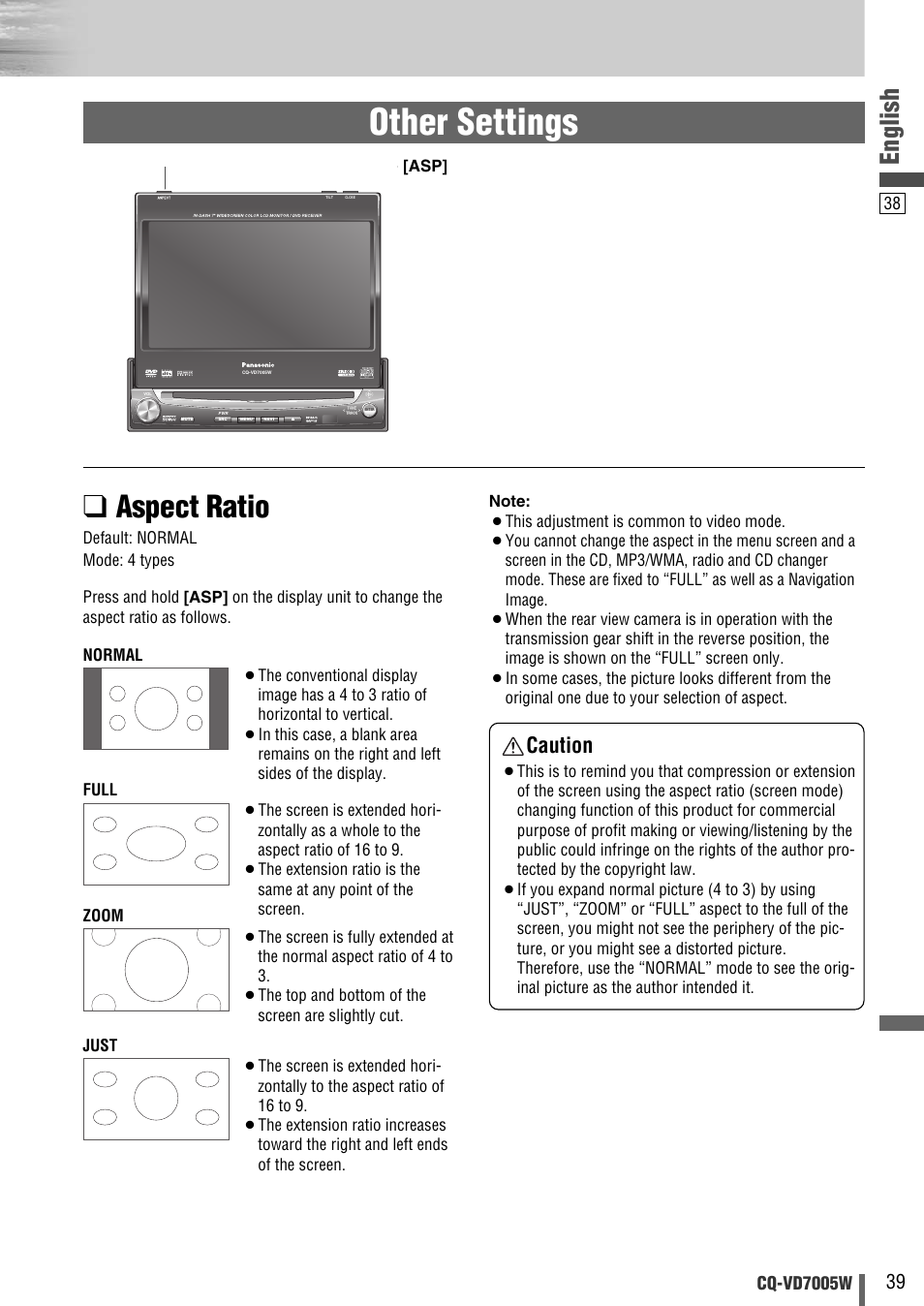 Other settings, Aspect ratio, English | Caution, Cq-vd7005w | Panasonic CQ-VA7005W User Manual | Page 39 / 94