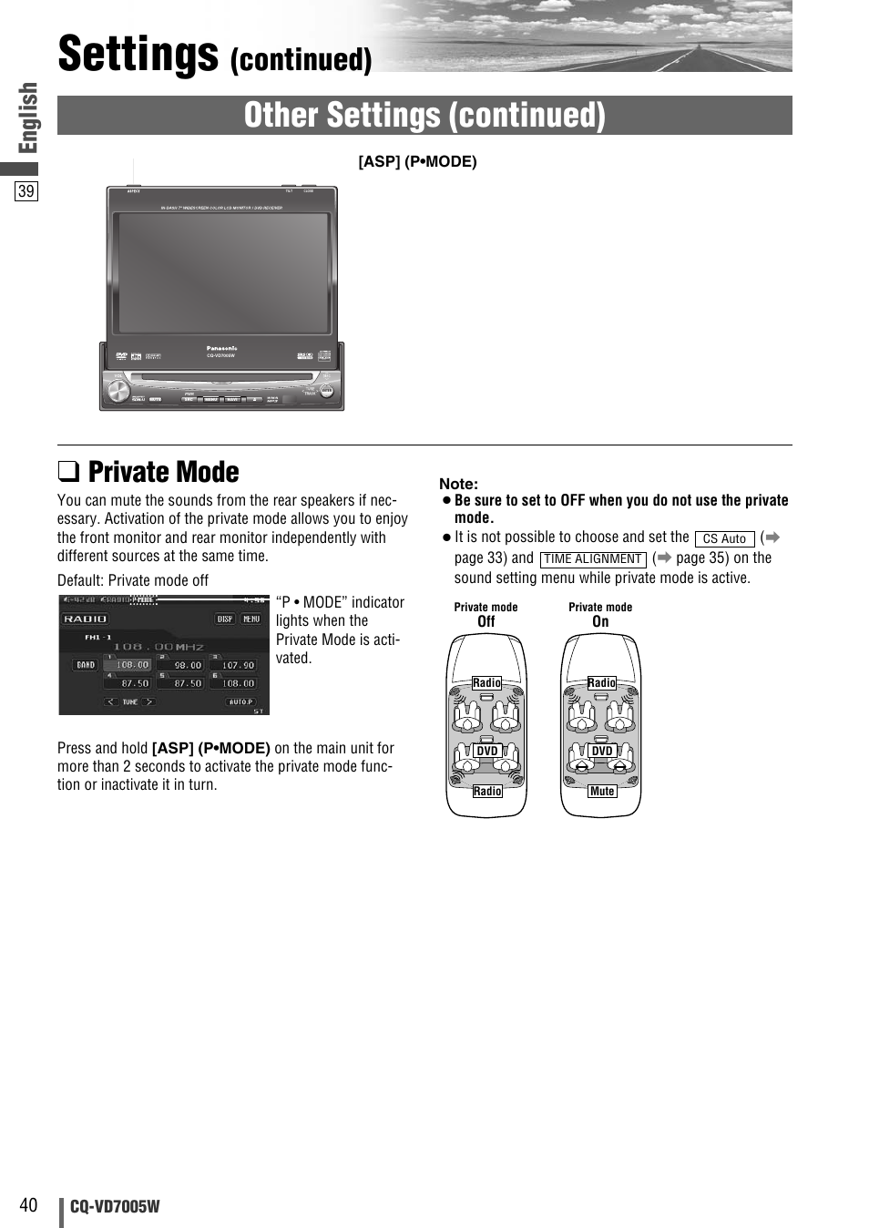 Settings, Other settings (continued), Continued) | Private mode, English, Cq-vd7005w | Panasonic CQ-VA7005W User Manual | Page 40 / 94