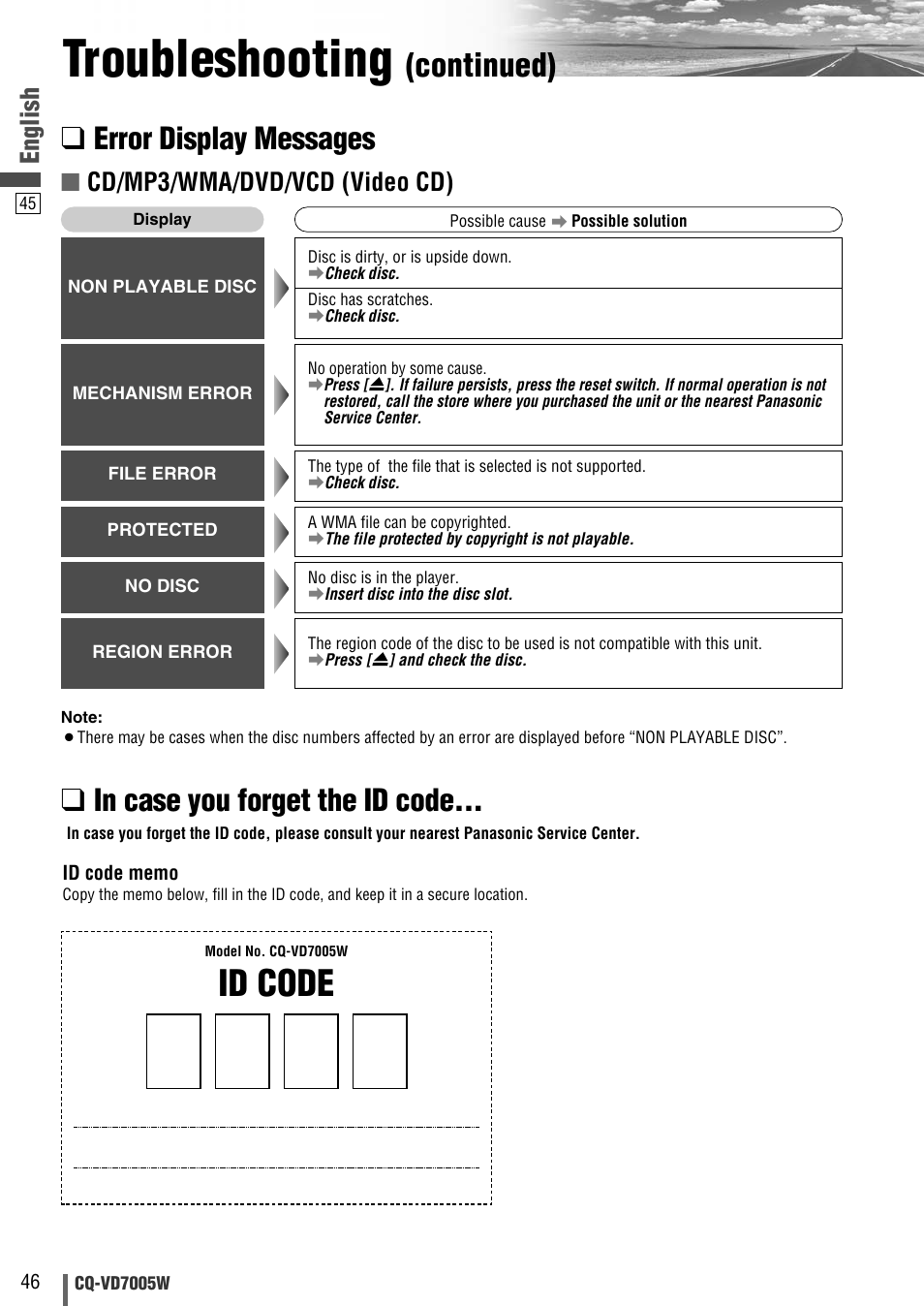 Troubleshooting, Id code, Continued) | Error display messages, English, Cd/mp3/wma/dvd/vcd (video cd) | Panasonic CQ-VA7005W User Manual | Page 46 / 94