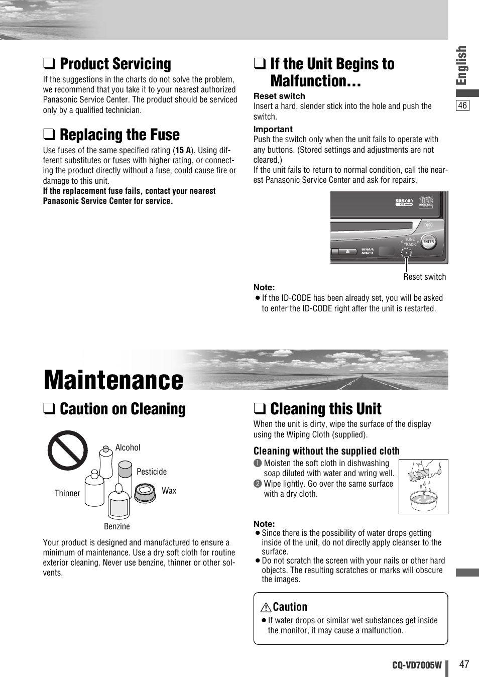 Maintenance, Product servicing, Replacing the fuse | If the unit begins to malfunction, Cleaning this unit, Caution on cleaning, English | Panasonic CQ-VA7005W User Manual | Page 47 / 94
