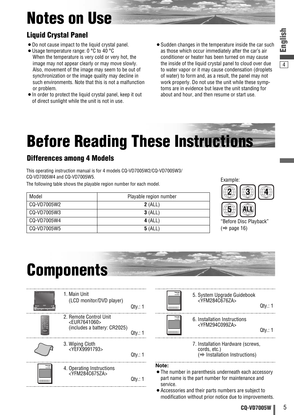 English, Liquid crystal panel, Differences among 4 models | Panasonic CQ-VA7005W User Manual | Page 5 / 94