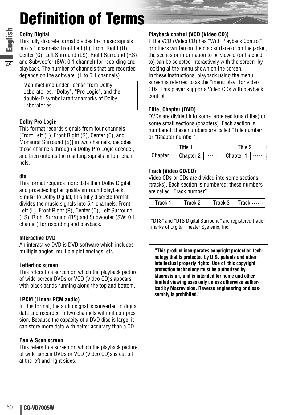 Definition of terms, English | Panasonic CQ-VA7005W User Manual | Page 50 / 94