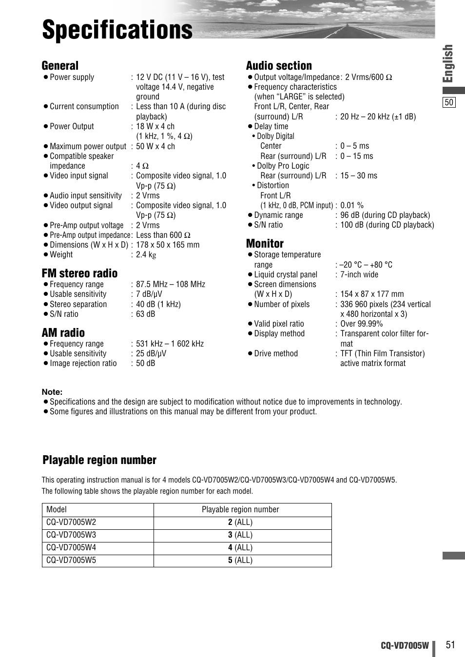Specifications, English, General | Fm stereo radio, Am radio, Monitor, Playable region number | Panasonic CQ-VA7005W User Manual | Page 51 / 94