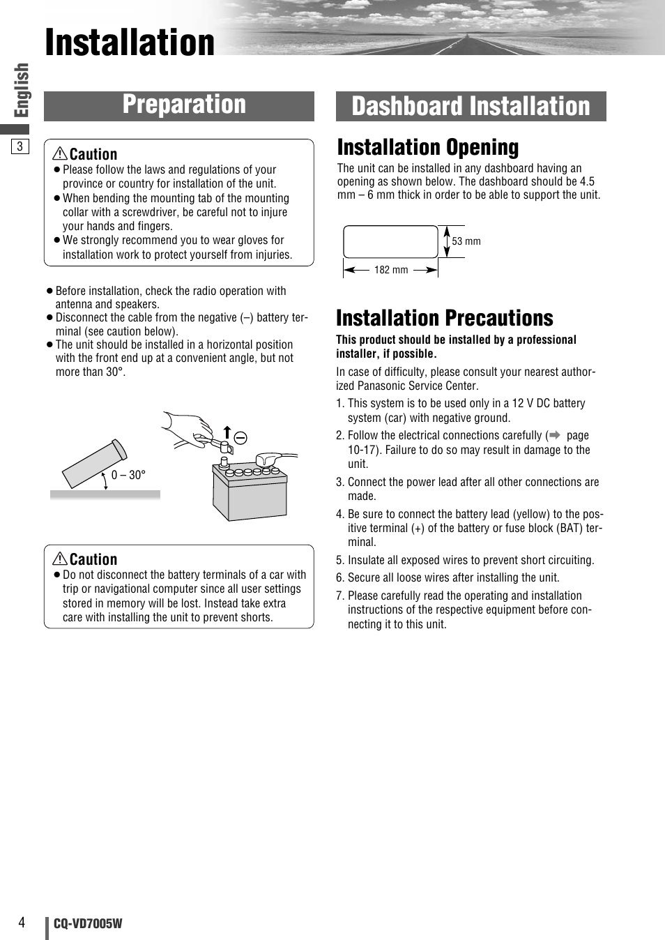 Installation, Preparation dashboard installation, Installation opening | Installation precautions, English | Panasonic CQ-VA7005W User Manual | Page 56 / 94