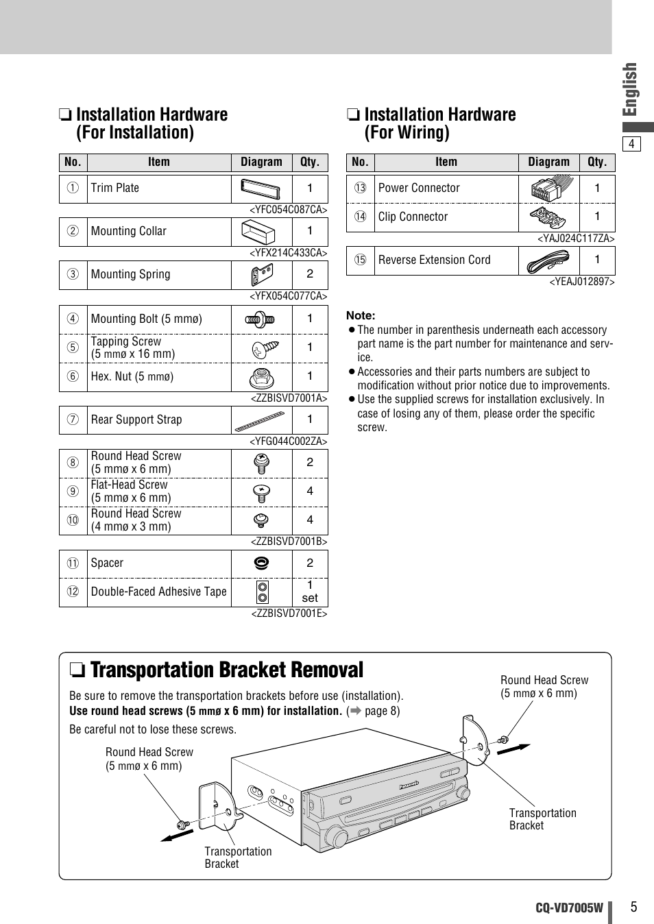 Transportation bracket removal, English, Installation hardware (for installation) | Installation hardware (for, Wiring | Panasonic CQ-VA7005W User Manual | Page 57 / 94