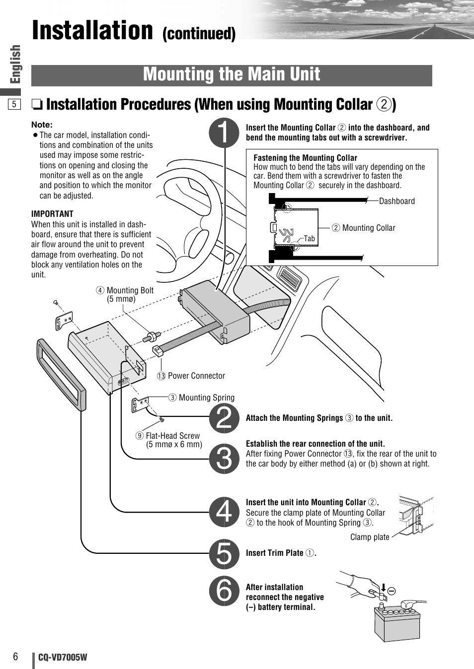 Installation, Mounting the main unit, Continued) | Panasonic CQ-VA7005W User Manual | Page 58 / 94