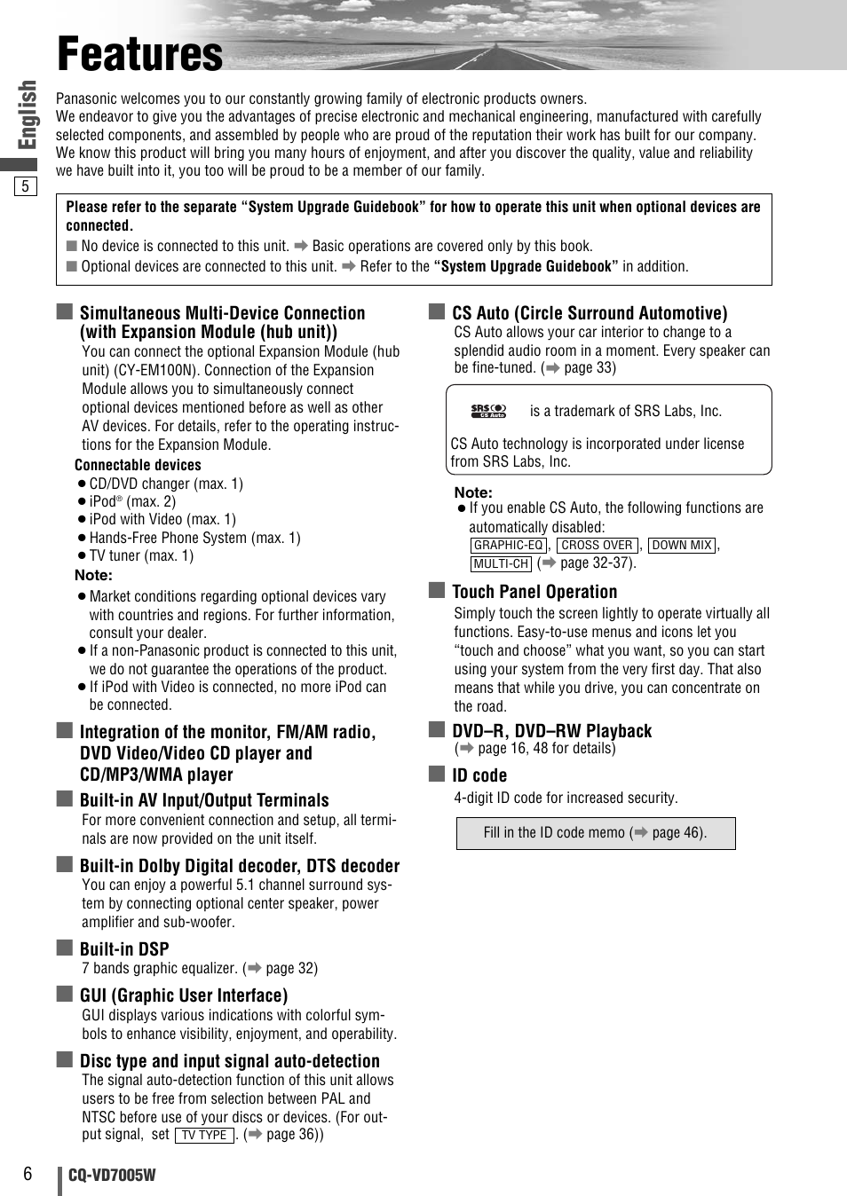 Features, English | Panasonic CQ-VA7005W User Manual | Page 6 / 94