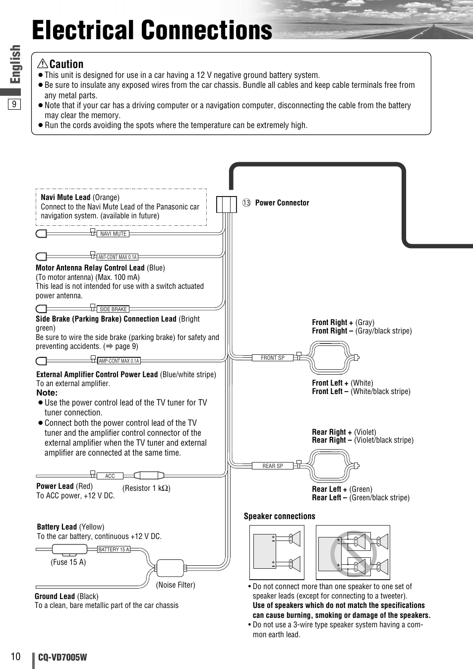 Electrical connections, English, Caution | Panasonic CQ-VA7005W User Manual | Page 62 / 94