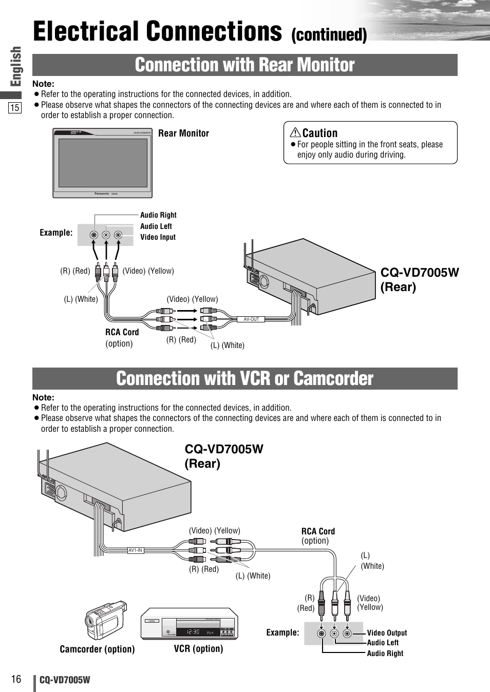 Electrical connections, Connection with rear monitor, Connection with vcr or camcorder | Continued), English, Cq-vd7005w (rear), Caution | Panasonic CQ-VA7005W User Manual | Page 68 / 94