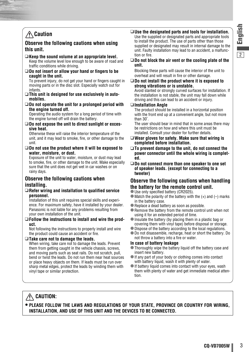 English, Caution | Panasonic CQ-VA7005W User Manual | Page 73 / 94