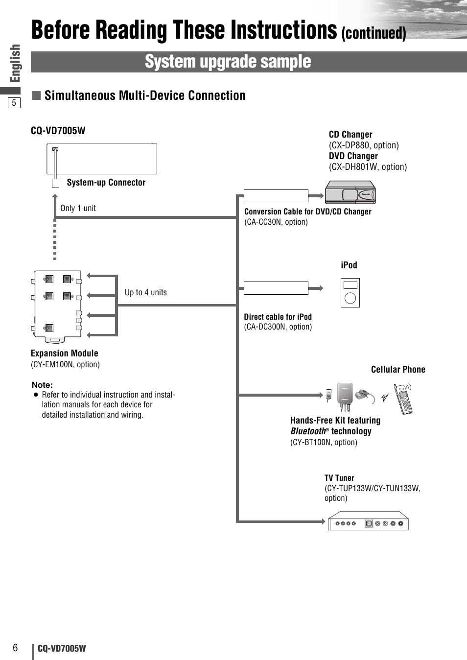 Before reading these instructions, System upgrade sample, Continued) | English, Simultaneous multi-device connection | Panasonic CQ-VA7005W User Manual | Page 76 / 94