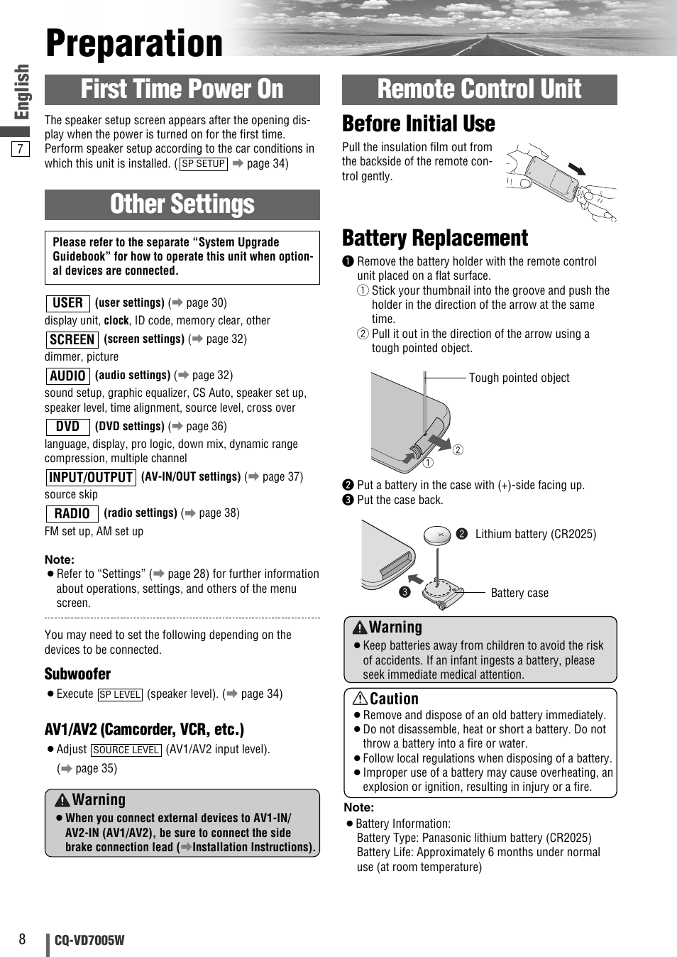 Preparation, Other settings, Remote control unit | First time power on, Battery replacement, Before initial use, English, Subwoofer, Av1/av2 (camcorder, vcr, etc.), Warning | Panasonic CQ-VA7005W User Manual | Page 8 / 94