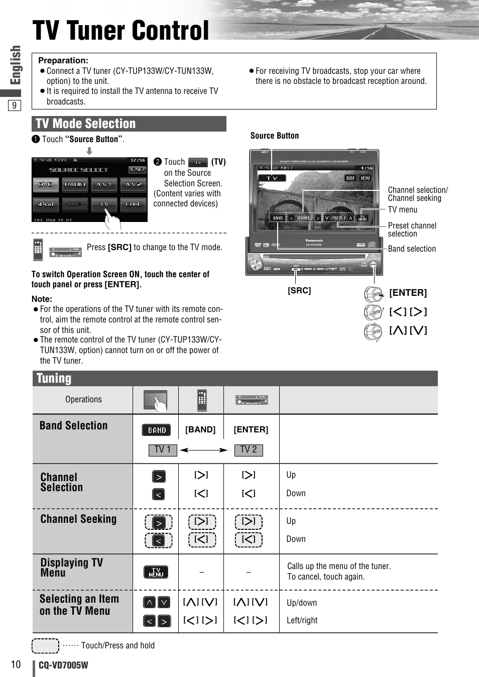 Tv tuner control, English, Tuning | Tv mode selection, Selecting an item on the tv menu, Band selection | Panasonic CQ-VA7005W User Manual | Page 80 / 94