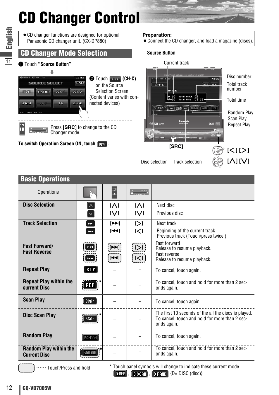 Cd changer control, English, Cd changer mode selection | Basic operations | Panasonic CQ-VA7005W User Manual | Page 82 / 94