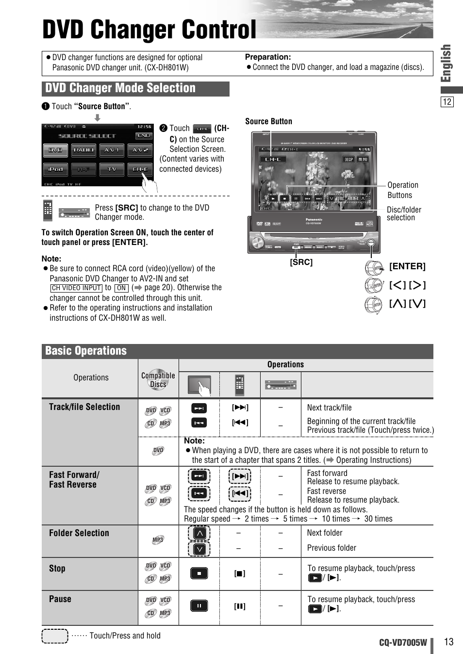 Dvd changer control, English, Dvd changer mode selection | Basic operations, Cq-vd7005w, Track/file selection fast forward/ fast reverse, Folder selection, Stop, Pause, Enter | Panasonic CQ-VA7005W User Manual | Page 83 / 94