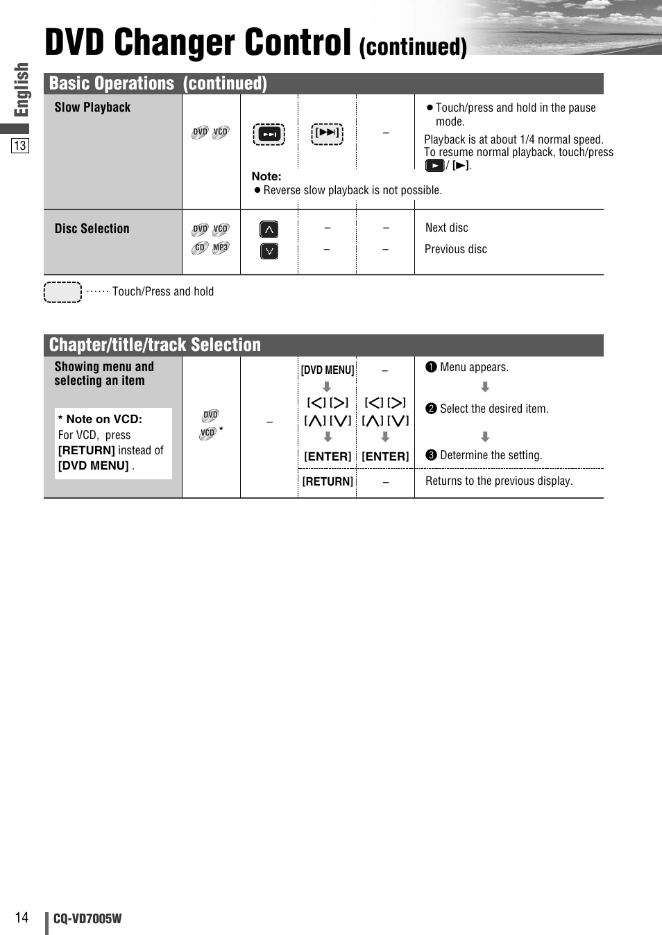 Dvd changer control, Continued), English | Basic operations (continued), Chapter/title/track selection | Panasonic CQ-VA7005W User Manual | Page 84 / 94
