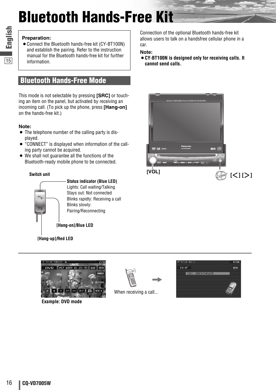 Bluetooth hands-free kit, English, Bluetooth hands-free mode | Cq-vd7005w, When receiving a call... example: dvd mode | Panasonic CQ-VA7005W User Manual | Page 86 / 94