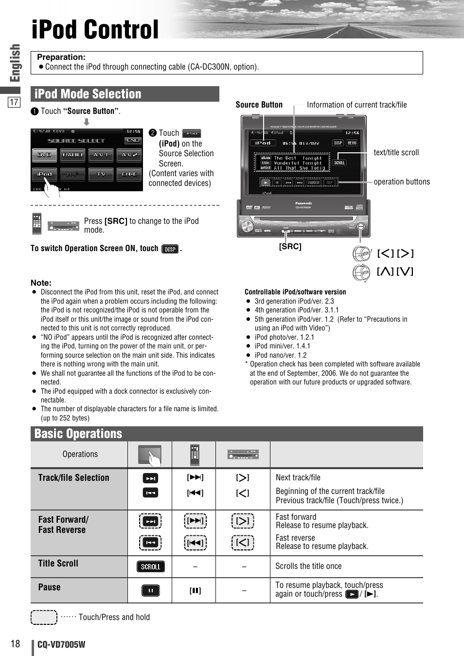 Ipod control, English, Basic operations | Ipod mode selection, Cq-vd7005w, Track/file selection, Fast forward/ fast reverse title scroll, Pause | Panasonic CQ-VA7005W User Manual | Page 88 / 94