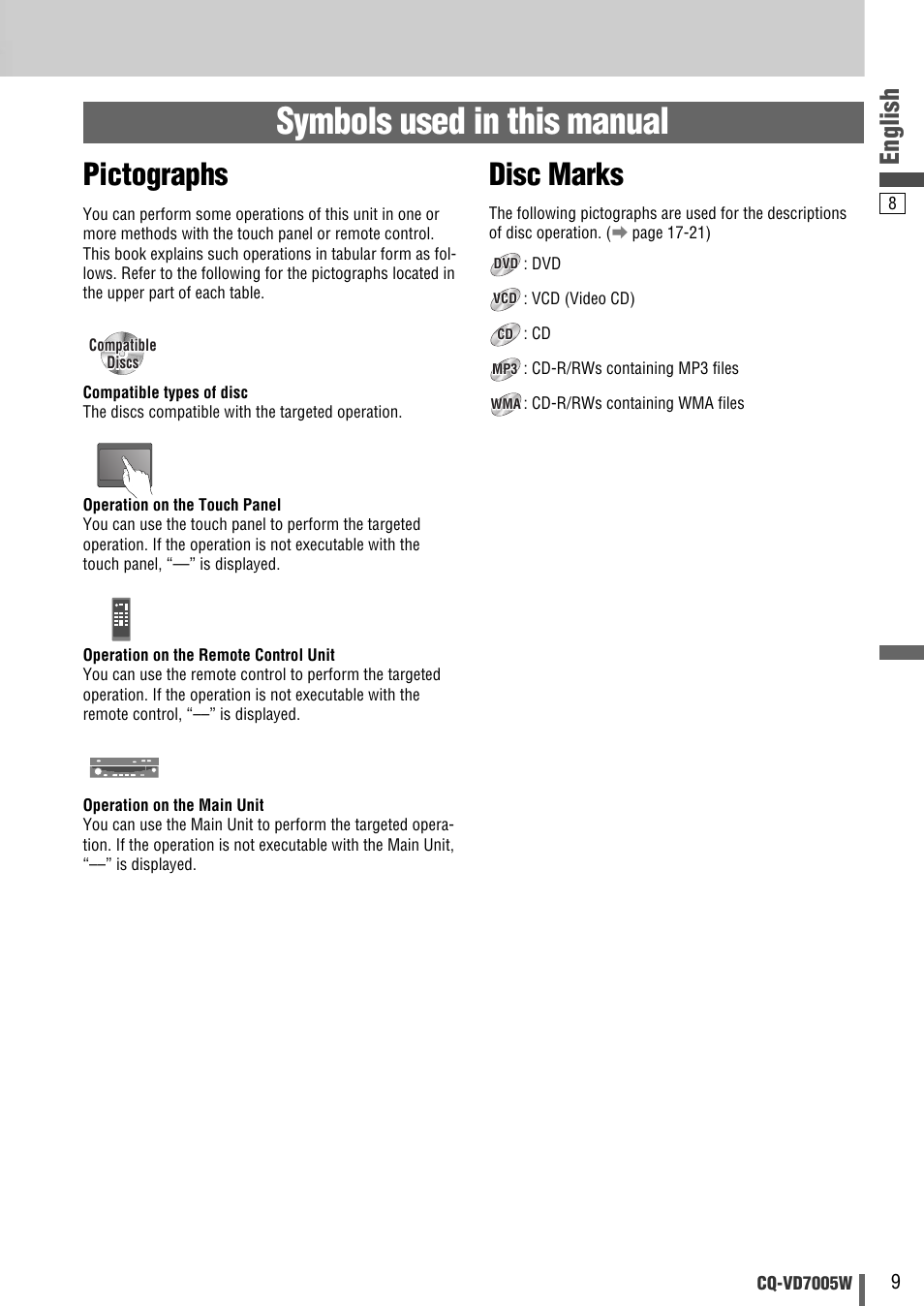 Symbols used in this manual, Pictographs, Disc marks | English | Panasonic CQ-VA7005W User Manual | Page 9 / 94