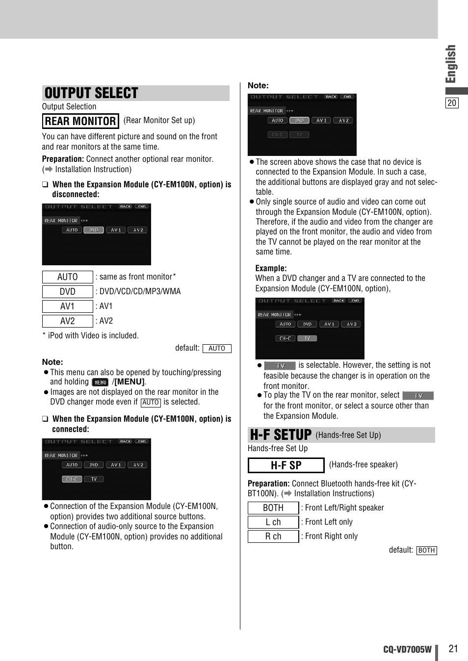 Output select, H-f setup, English | Rear monitor, H-f sp | Panasonic CQ-VA7005W User Manual | Page 91 / 94