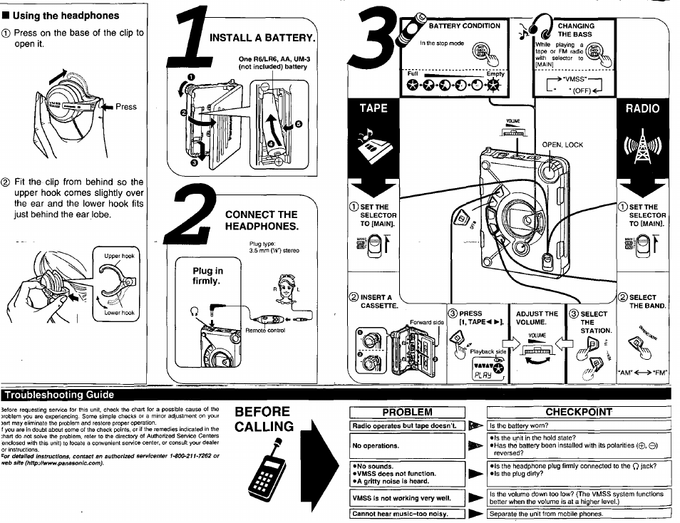 Troubleshooting guide, Before calling | Panasonic RQ-SW09V User Manual | Page 2 / 4
