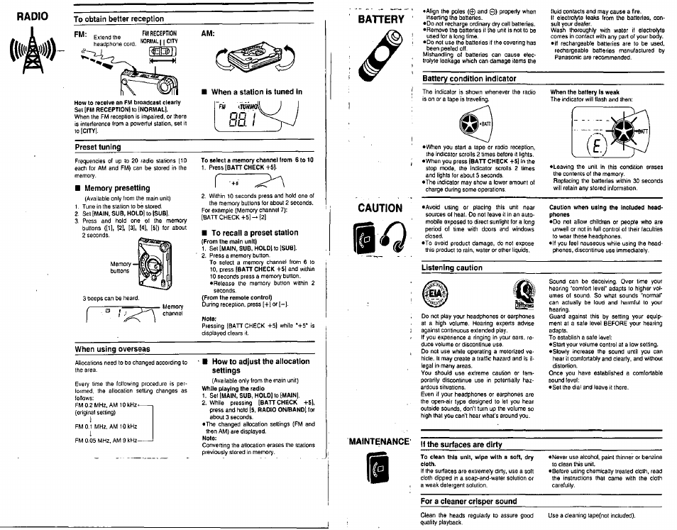 Radio, Battery, Caution | Battery caution | Panasonic RQ-SW09V User Manual | Page 3 / 4