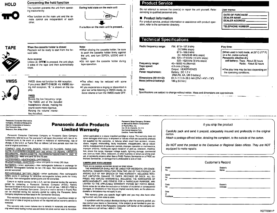 Vmss, Technical specifications, Hold | Product service, Panasonic audio products limited warranty, Tape vmss | Panasonic RQ-SW09V User Manual | Page 4 / 4