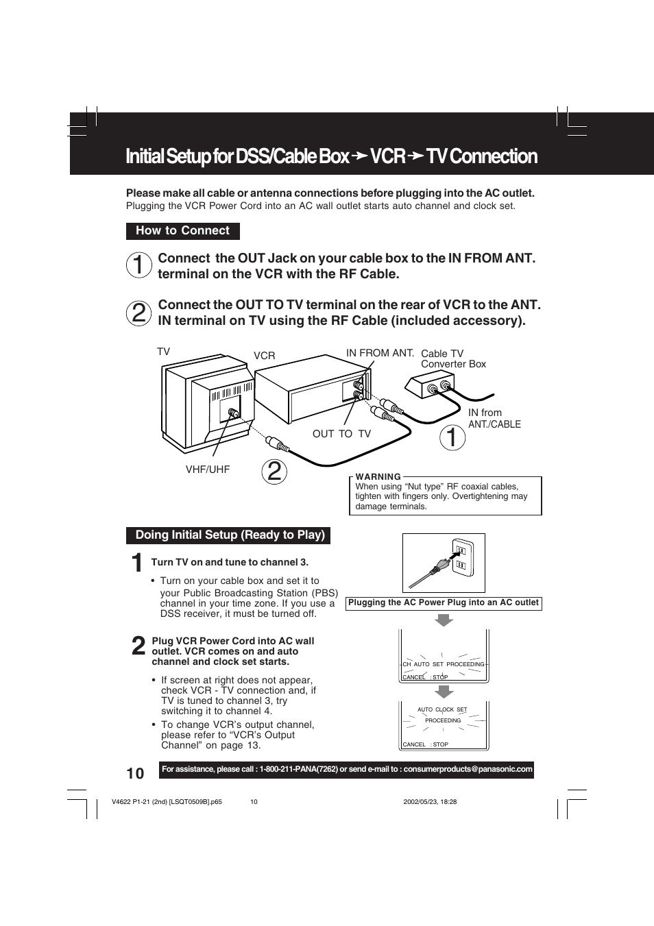 Initial setup for dss/ cable box>vcr>tv connection | Panasonic PV-V4622 User Manual | Page 10 / 44