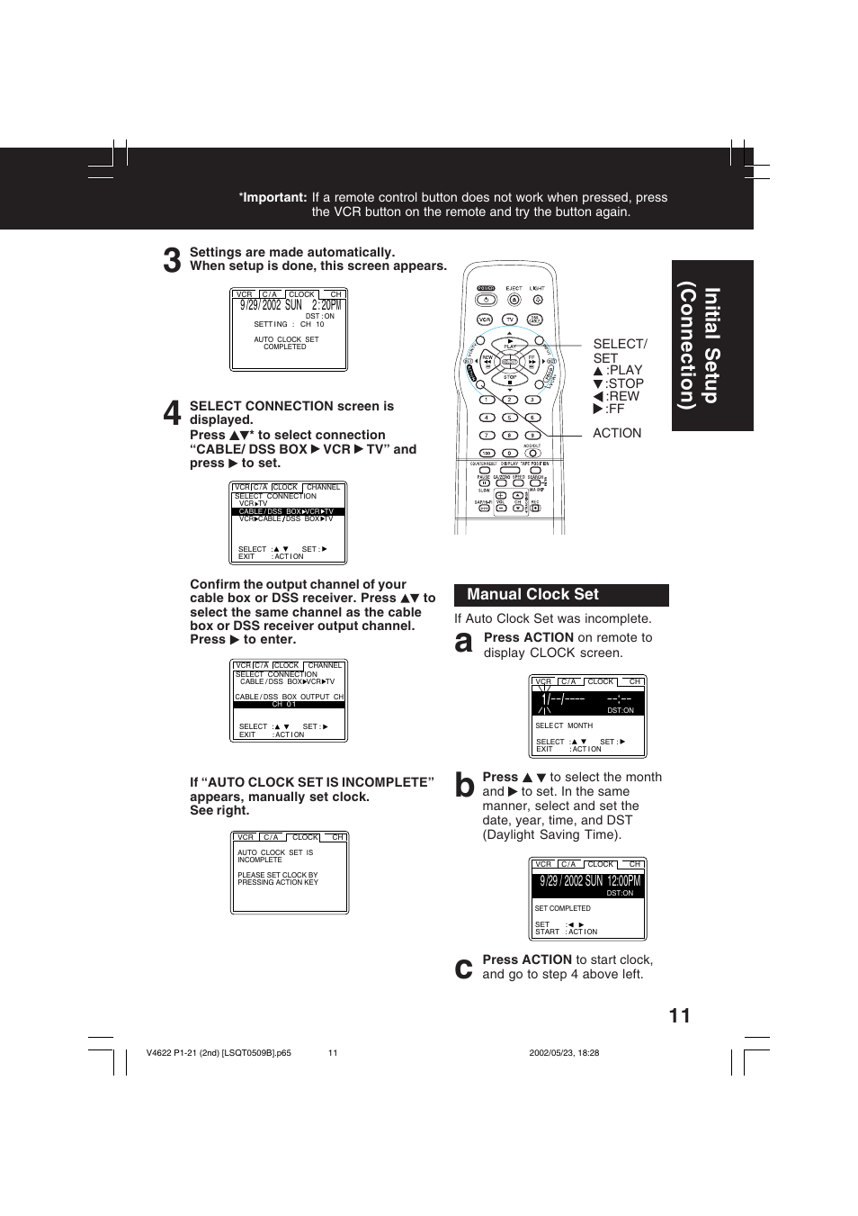 Ab c, Initial setup (connection), Manual clock set | Panasonic PV-V4622 User Manual | Page 11 / 44