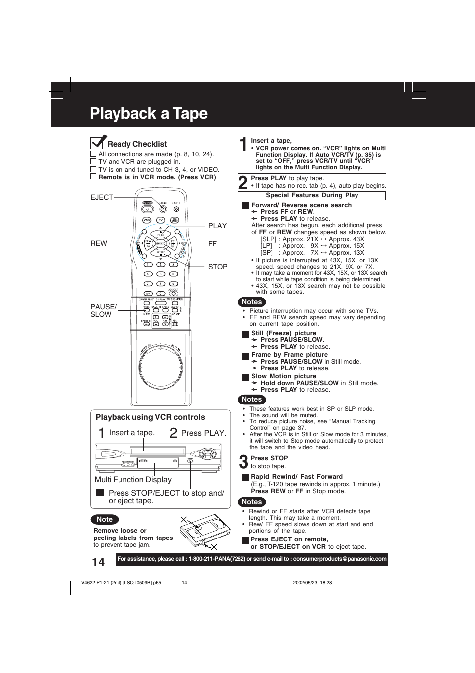 Playback a tape | Panasonic PV-V4622 User Manual | Page 14 / 44