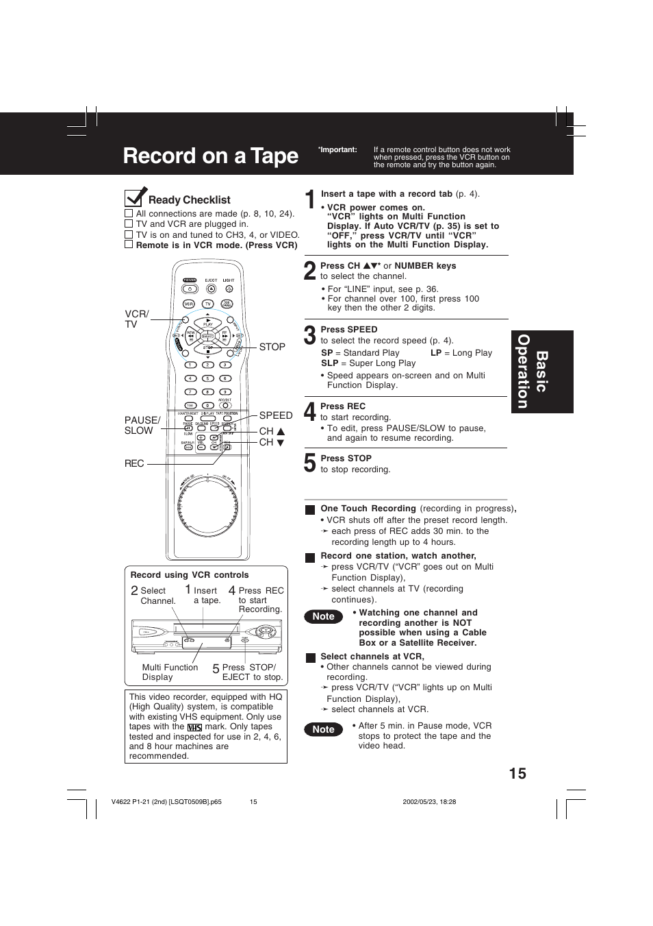 Record on a tape, Basic operation | Panasonic PV-V4622 User Manual | Page 15 / 44