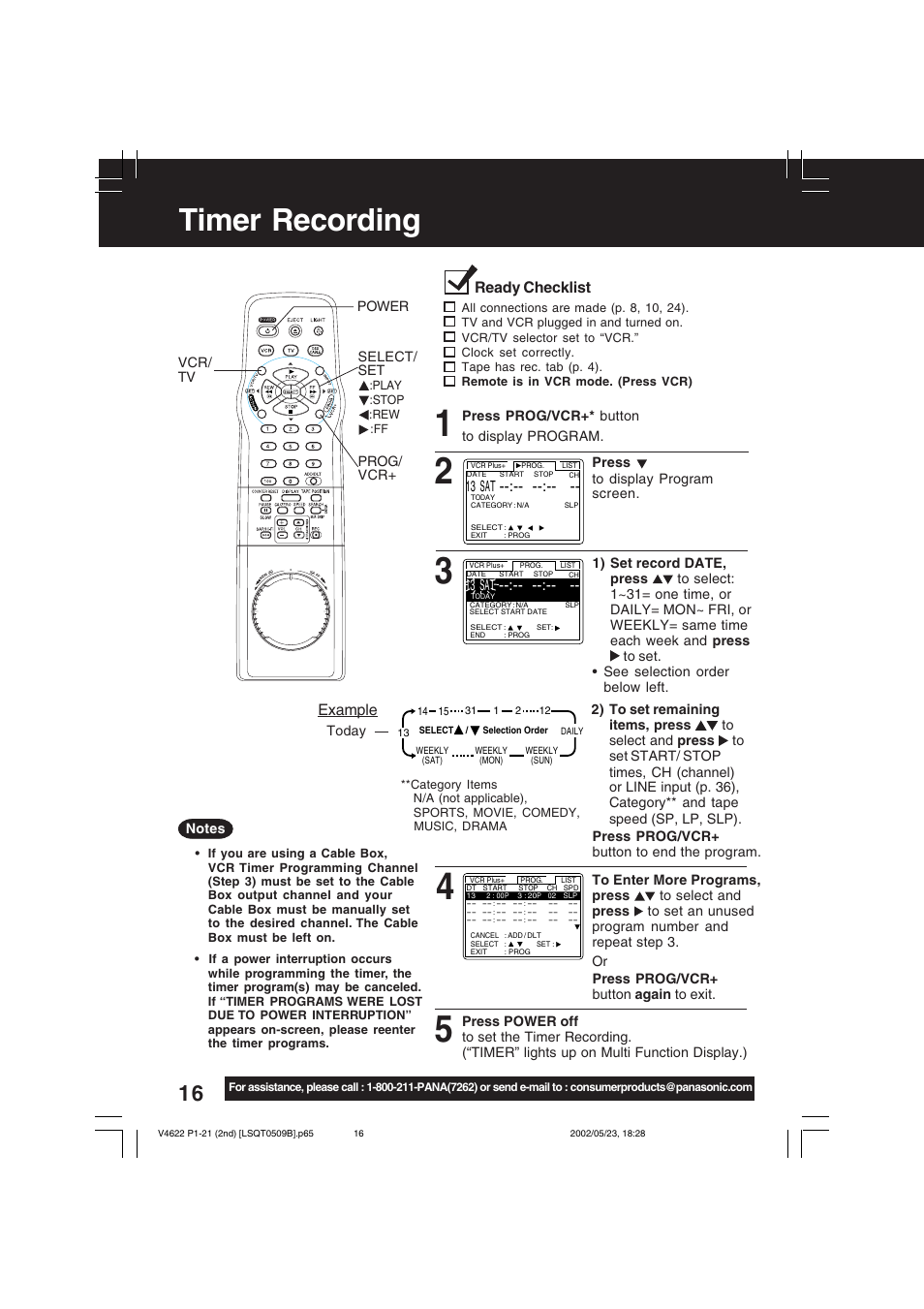 Timer recording | Panasonic PV-V4622 User Manual | Page 16 / 44
