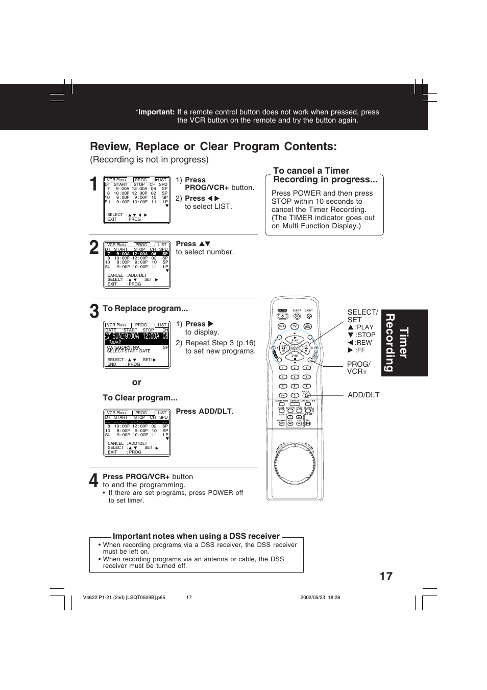 Review, replace or clear program contents, Timer recording, Recording is not in progress) | Panasonic PV-V4622 User Manual | Page 17 / 44