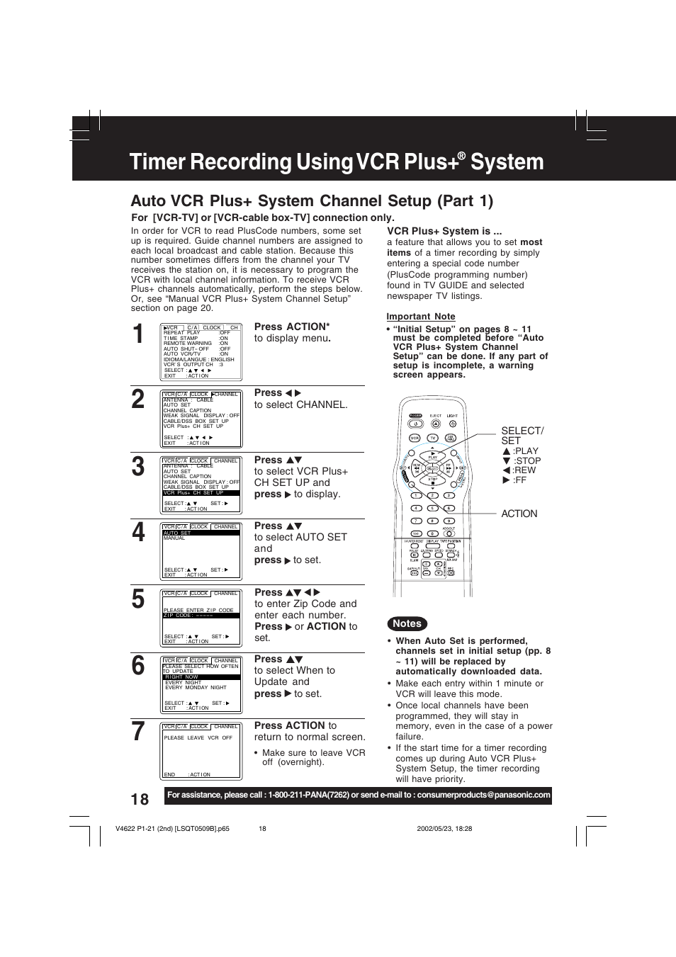 Timer recording using vcr plus+ system, Auto vcr plus+ system channel setup (part 1) | Panasonic PV-V4622 User Manual | Page 18 / 44