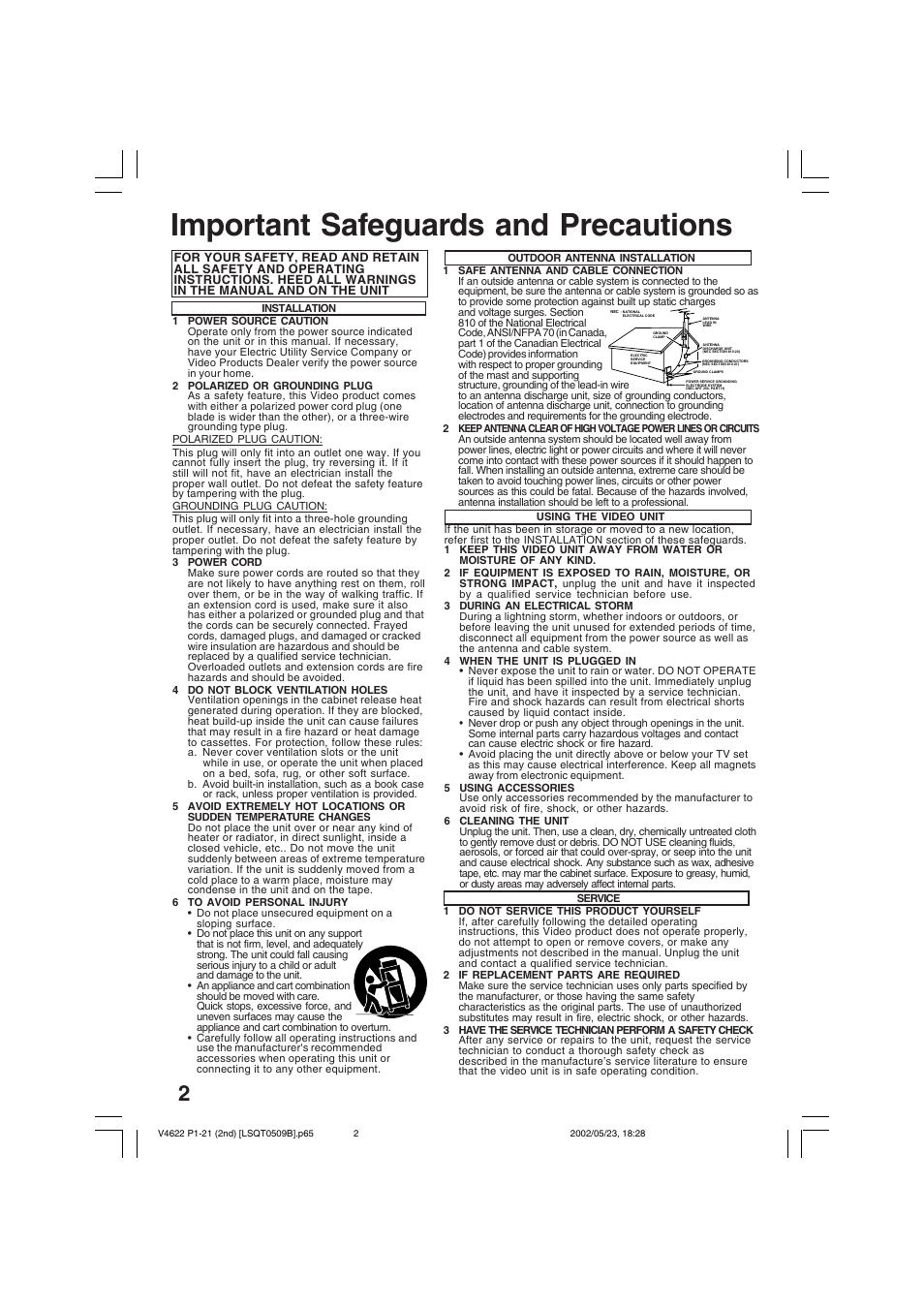Initial setup (connection), Important safeguards and precautions | Panasonic PV-V4622 User Manual | Page 2 / 44