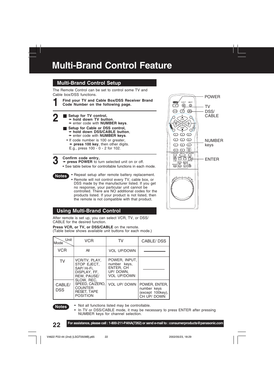Advanced operation, Multi-brand control feature | Panasonic PV-V4622 User Manual | Page 22 / 44