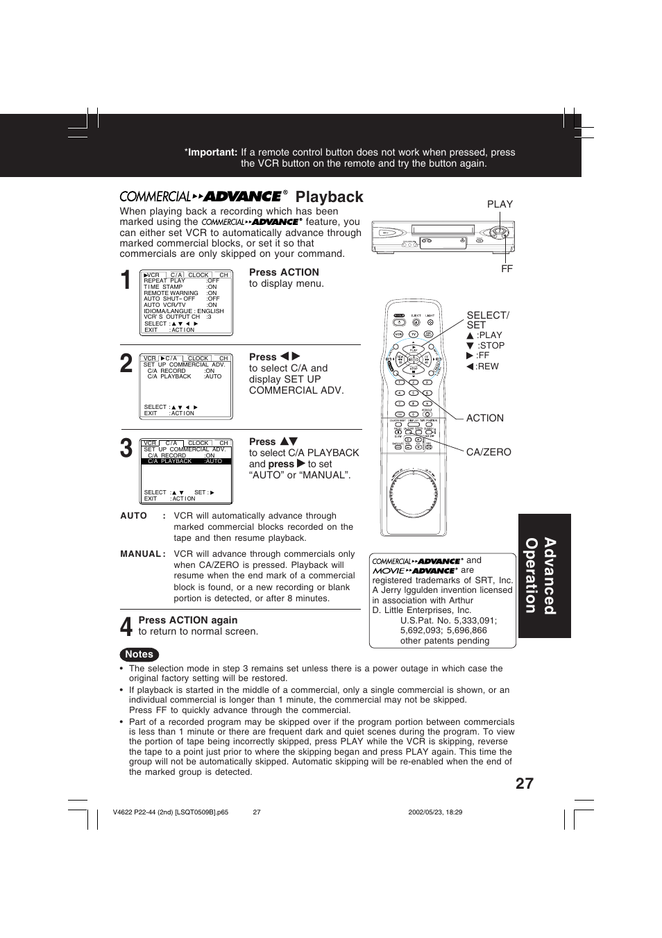 27 playback, Advanced operation | Panasonic PV-V4622 User Manual | Page 27 / 44