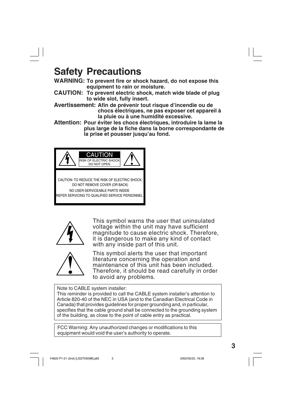Safety precautions, Caution | Panasonic PV-V4622 User Manual | Page 3 / 44