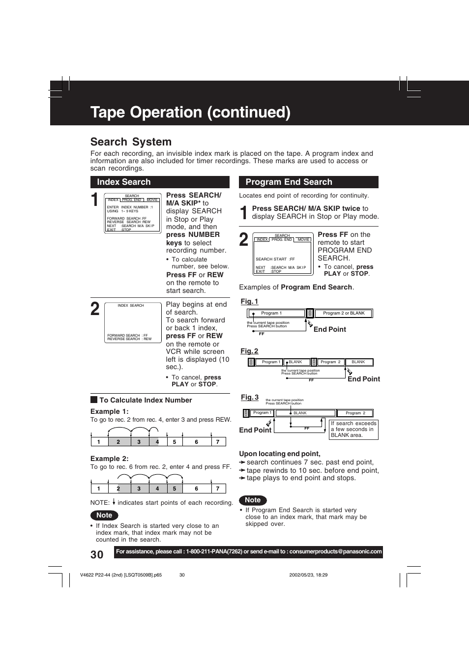 Tape operation (continued), Search system, Program end search | Index search | Panasonic PV-V4622 User Manual | Page 30 / 44